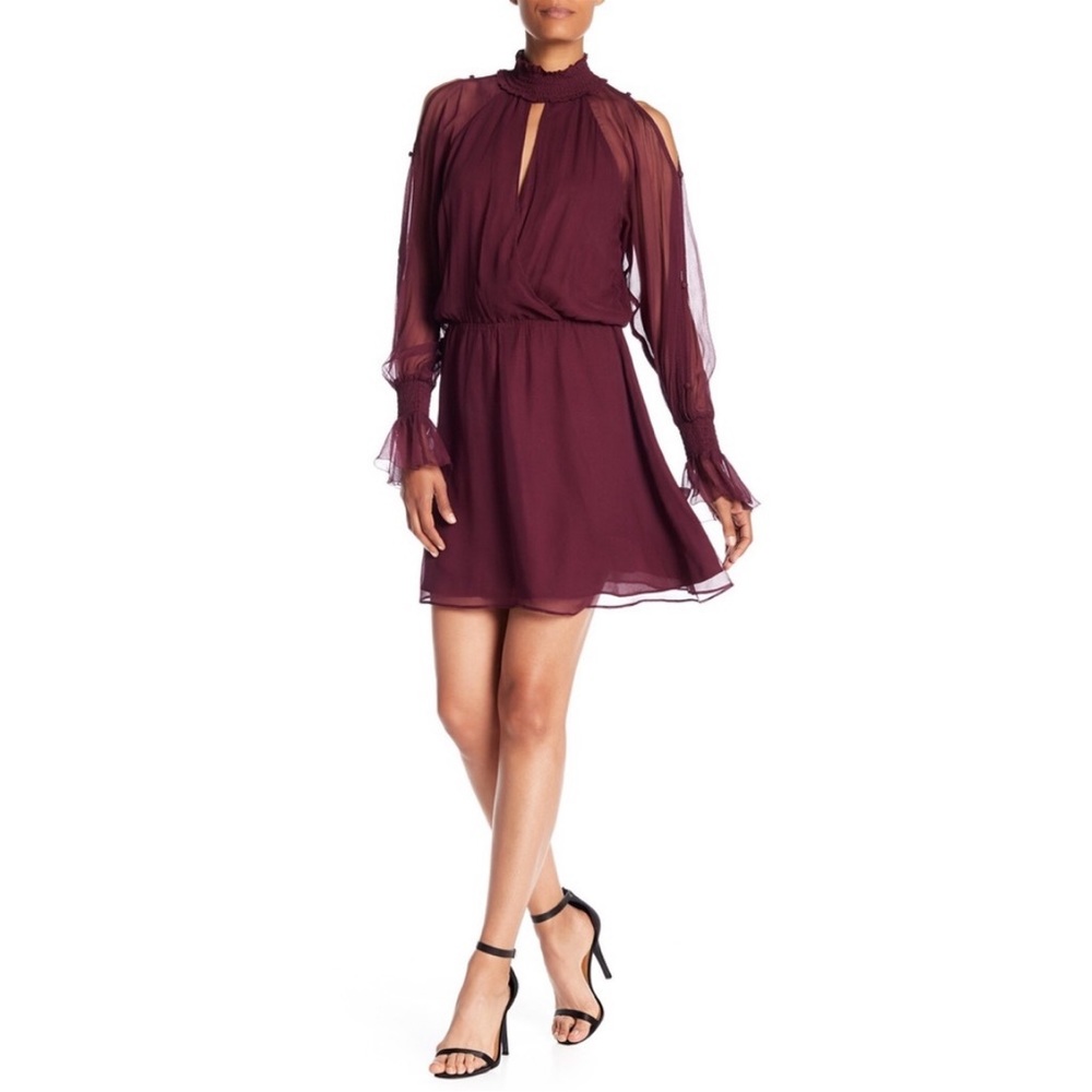 Parker Shelli Shirred Silk Dress in Wine Burgundy High Neck Size Medium